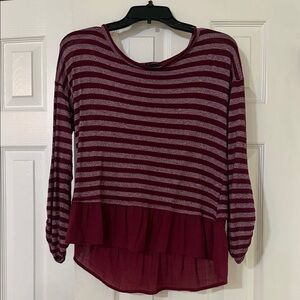 Striped Burgundy and Heather Gray Ruffle-Hem Tunic Top